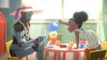 A robot and little girl sit at a children's play table, hosting a pretend tea party