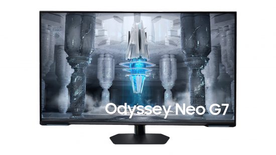PCGamesN - Màn hình chơi game 4K tốt nhất - Samsung Odyssey Neo G7 trên nền trắng