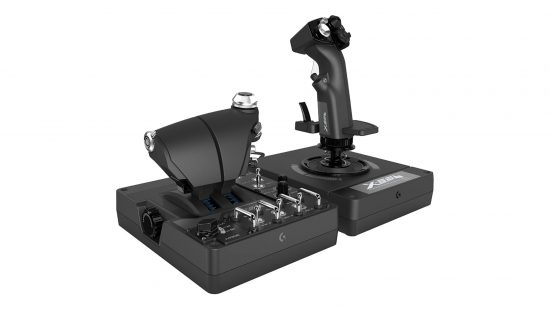Bedste pc joysticks - Logitech X56 på en hvid baggrund