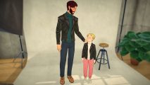 A male Paralives character wearing a black leather jacket stands beside a child wearing a similar coat