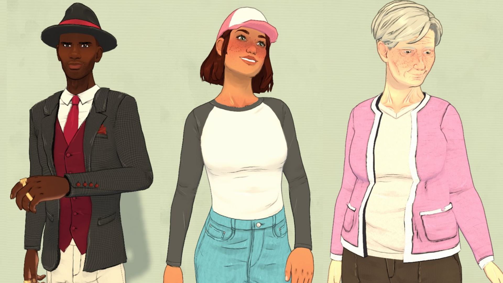 A male Paralives character wearing a black and red three piece suit beside two female characters, one young one in a white shirt and cap, one elderly in a pink coat and white shirt