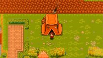 A small, pixel character wearing a red shirt and jeans stands in front of a yello tent in a grassy area