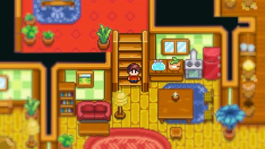 A pixel boy standing in a wooden house with red and green furniture