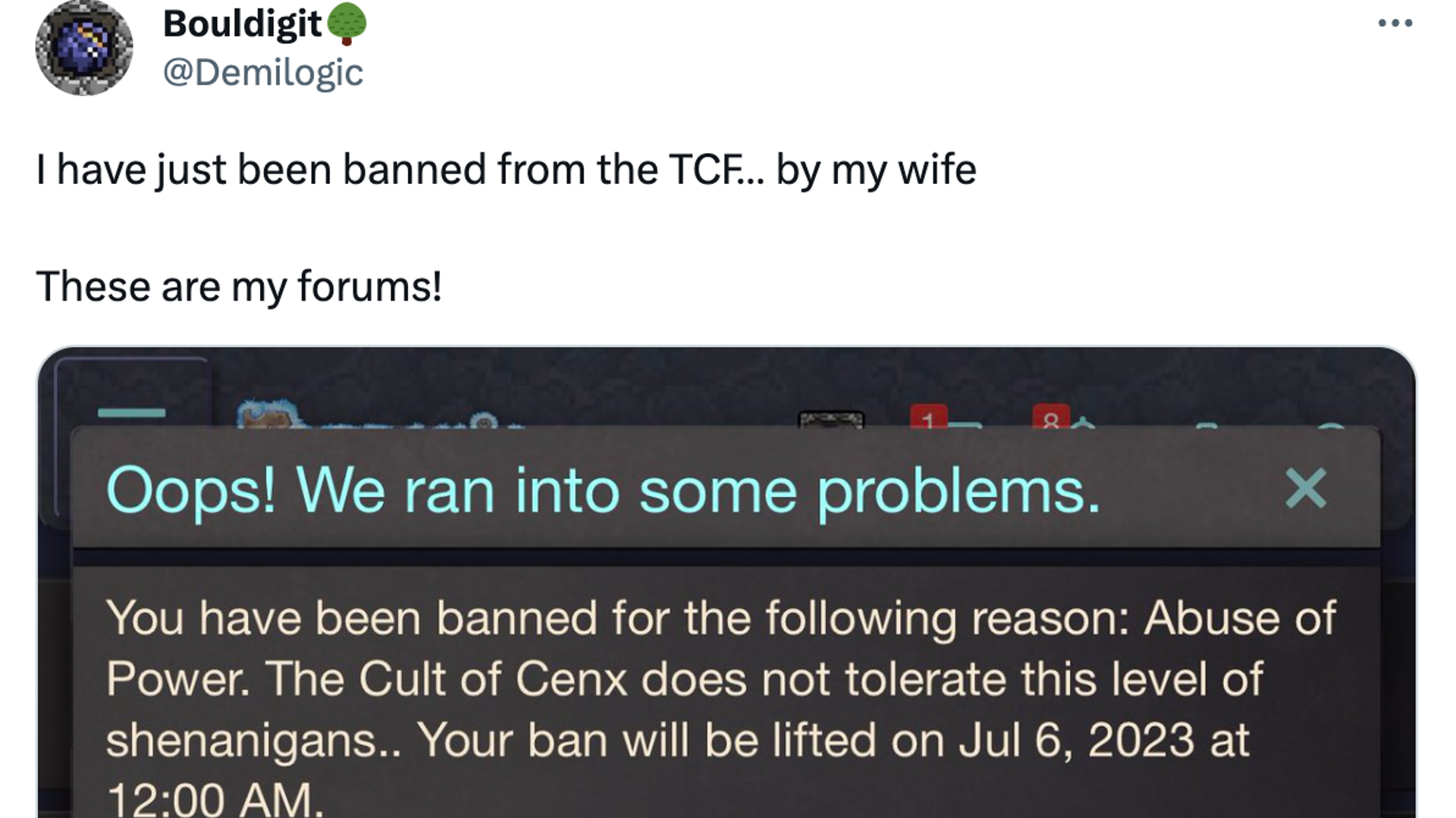 Redigit's post on Twitter showing his forum ban