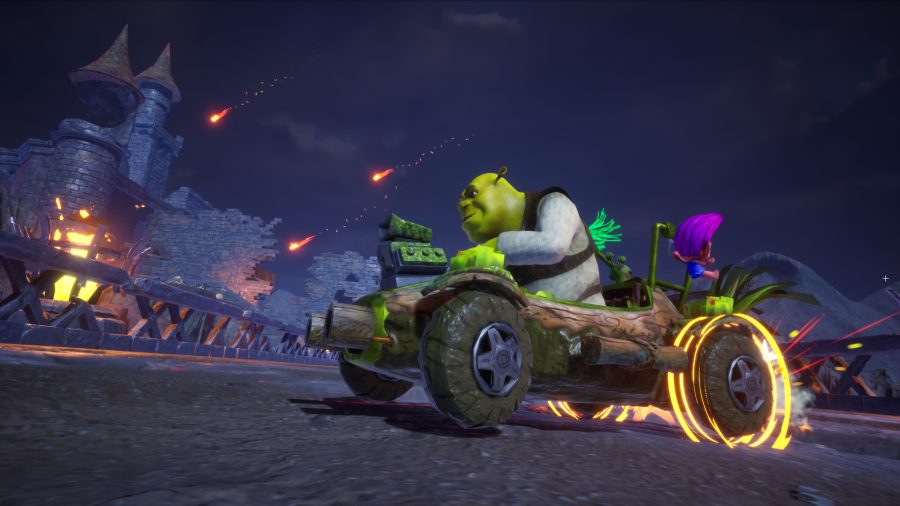 Shrek rides in a makeshift log go-kart