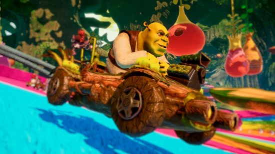 Shrek rides in a makeshift log go-kart down a blue path in the jungle woods