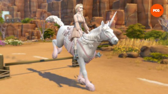 A female Sim jumping across an obstacle on a white and pink unicorn in the desert