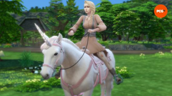 A blonde Sim rides atop a white and pink unicorn looking uncertain