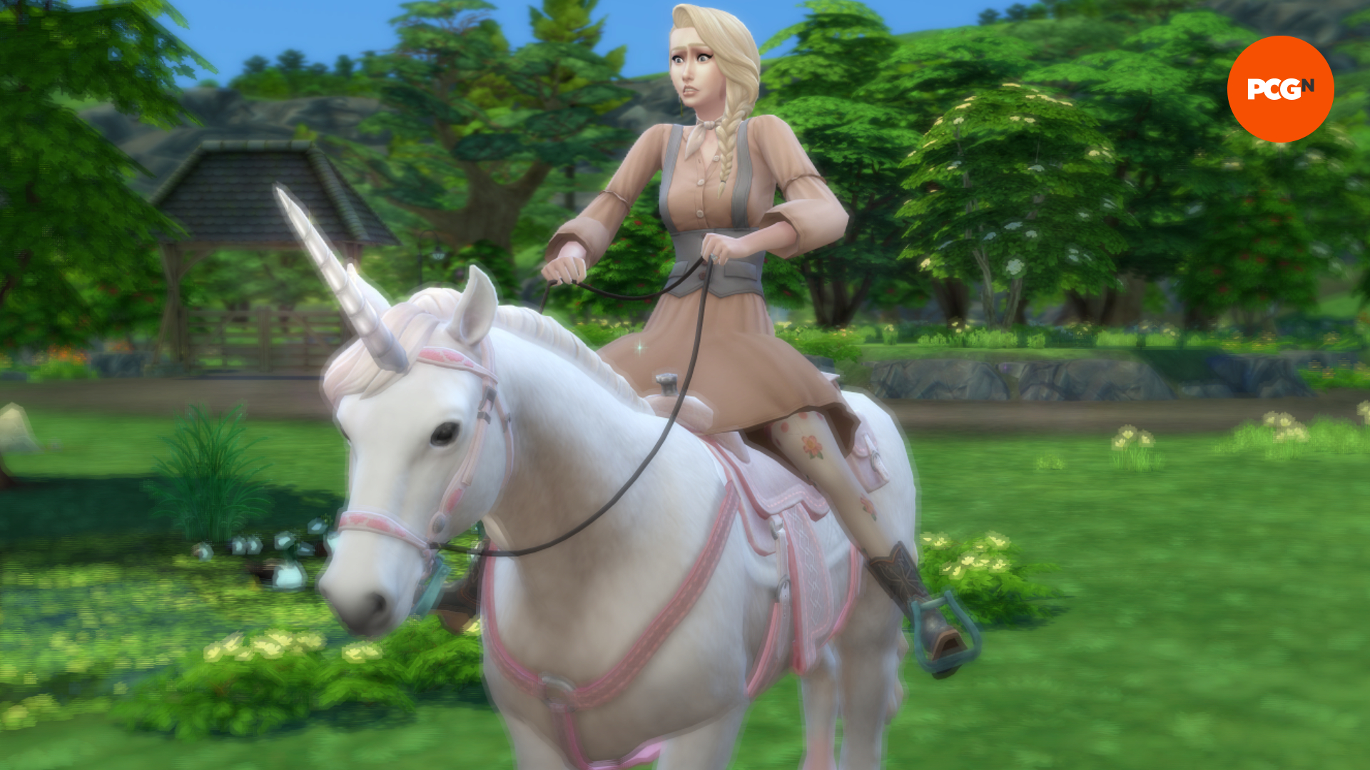 A blonde Sim rides a pink and white unicorn looking uncertain
