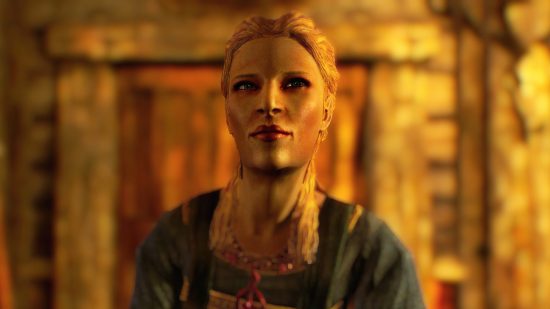 Haelga, a blonde Nord woman from Skyrim, looking into the camera