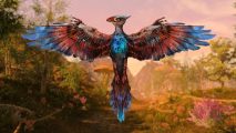 A blue and red-feathered cliff racer bird from Morrowind before a Skywind backdrop