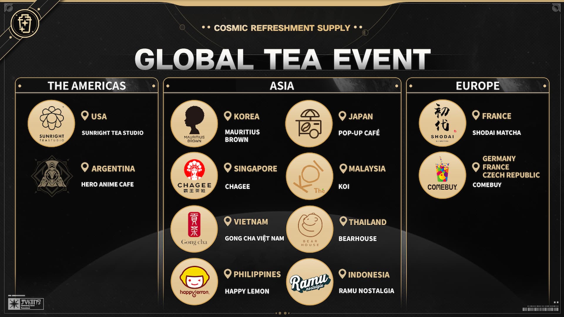 Honkai Star Rail Global Tea Event does not include UK which is funny - list of countries and shop names in Honkai Star Rail Global Tea Event