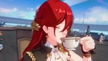 Honkai Star Rail global tea event doesn't include UK, which is amusing: anime woman with red hair sipping tea