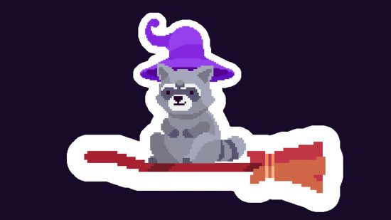 A raccoon perched upon a witch's broom while wearing a purple pointy hat