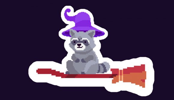 A raccoon perched upon a witch's broom while wearing a purple pointy hat
