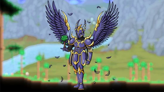 Redigit's character, a purple and gold-armored knight with angel wings, against a Terraria backdrop