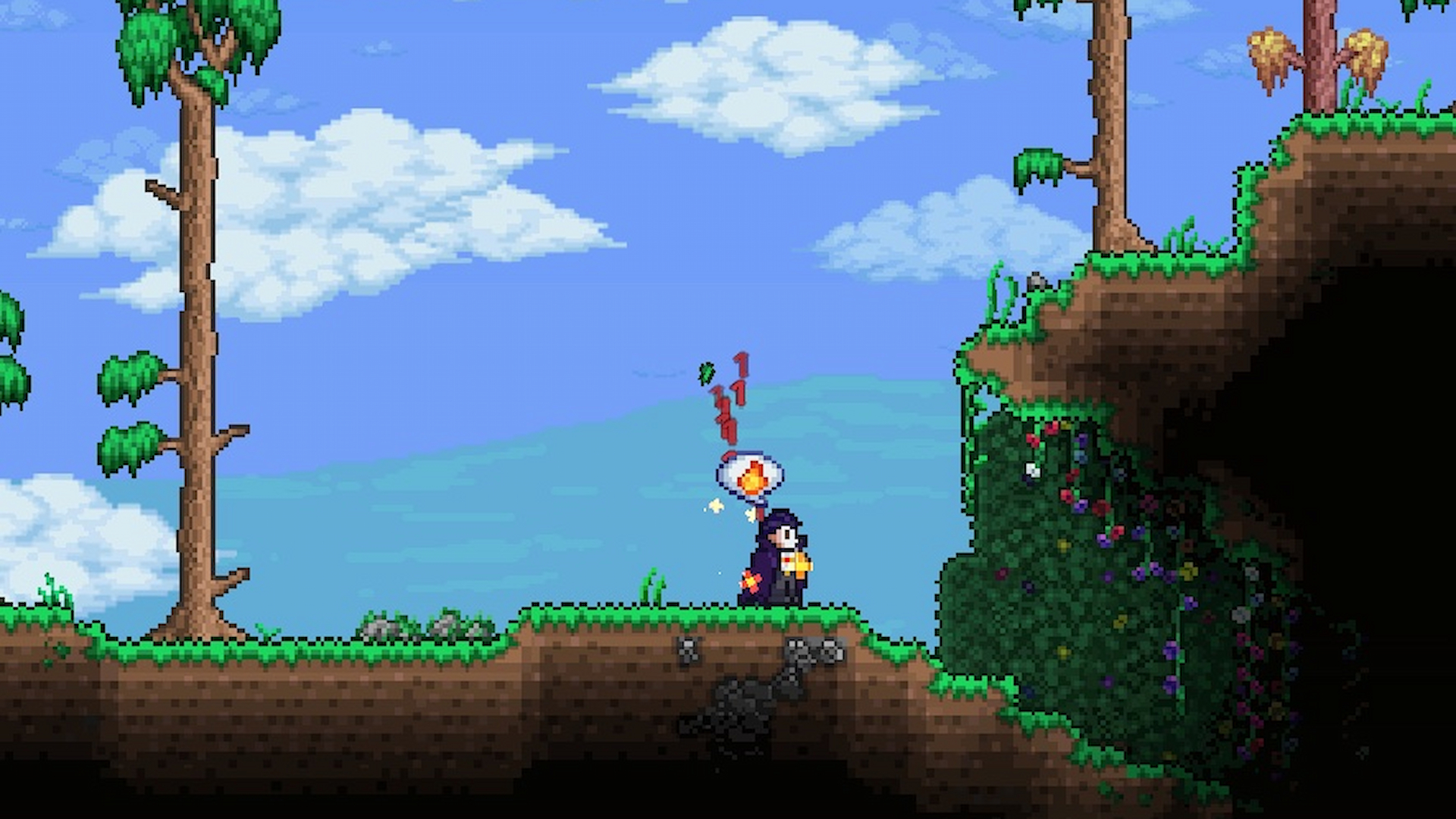 A Terraria character that resembles Dracula stands in the sunlight, burning