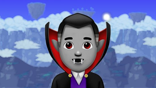 A gray-skinned vampire emoji against a Terraria backdrop