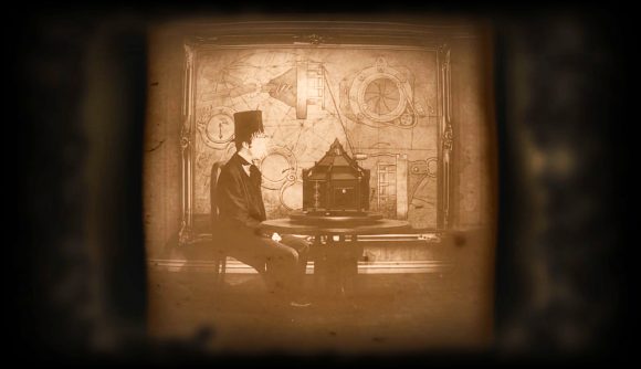 A man with a top hat sits at a table in what appears to be an antique photoraph