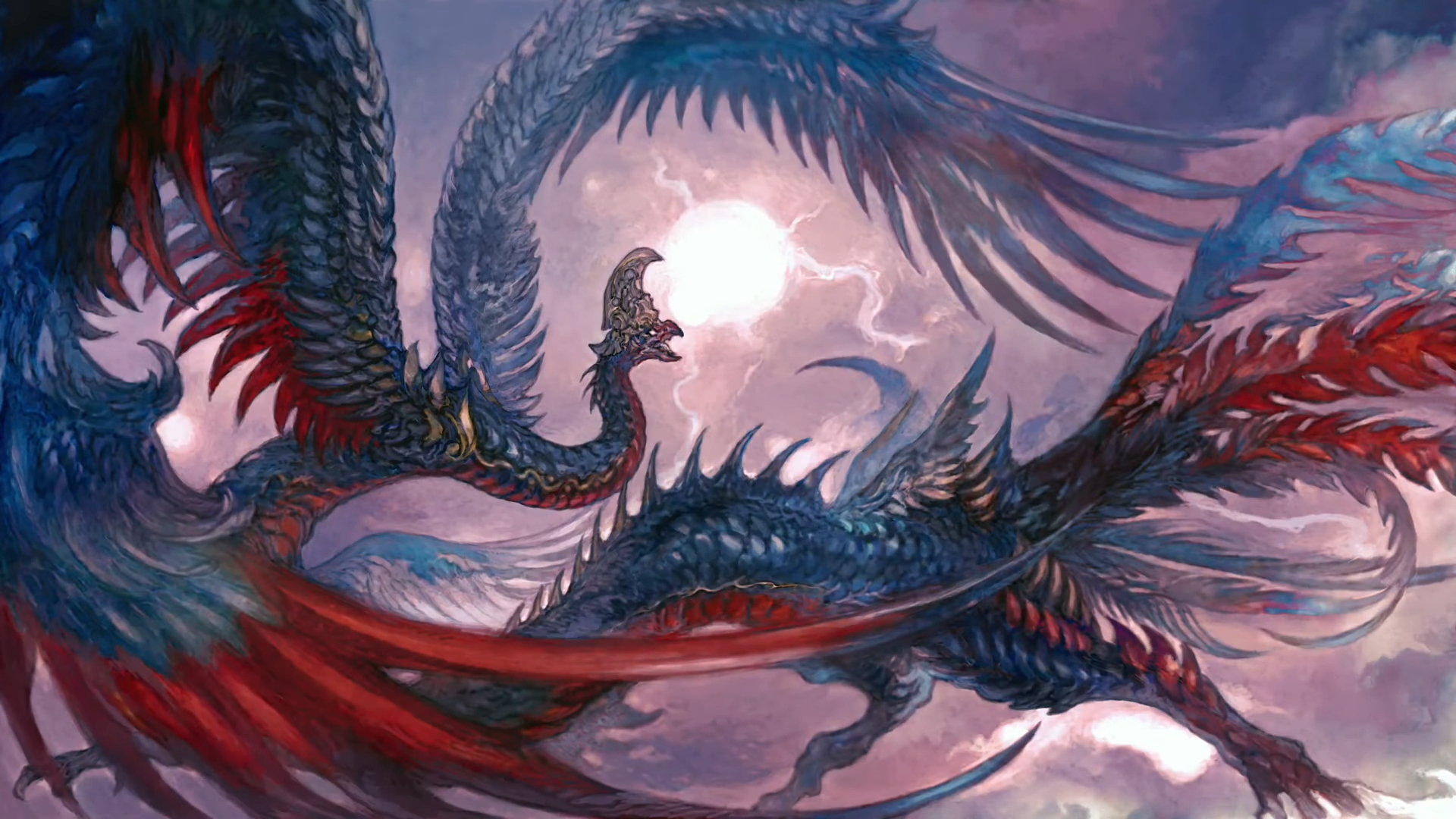 A blue and red dragon-like creature flies through a purple-gray sky