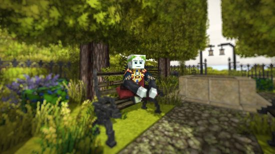 A Minecraft-like white and green block-y character sits atop a grey bench in a park