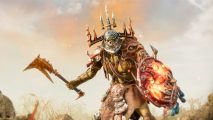 An orc-like creature wearing armor wields a fiery shield and axe