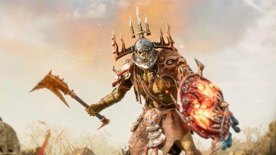 An orc-like creature wearing armor wields a fiery shield and axe