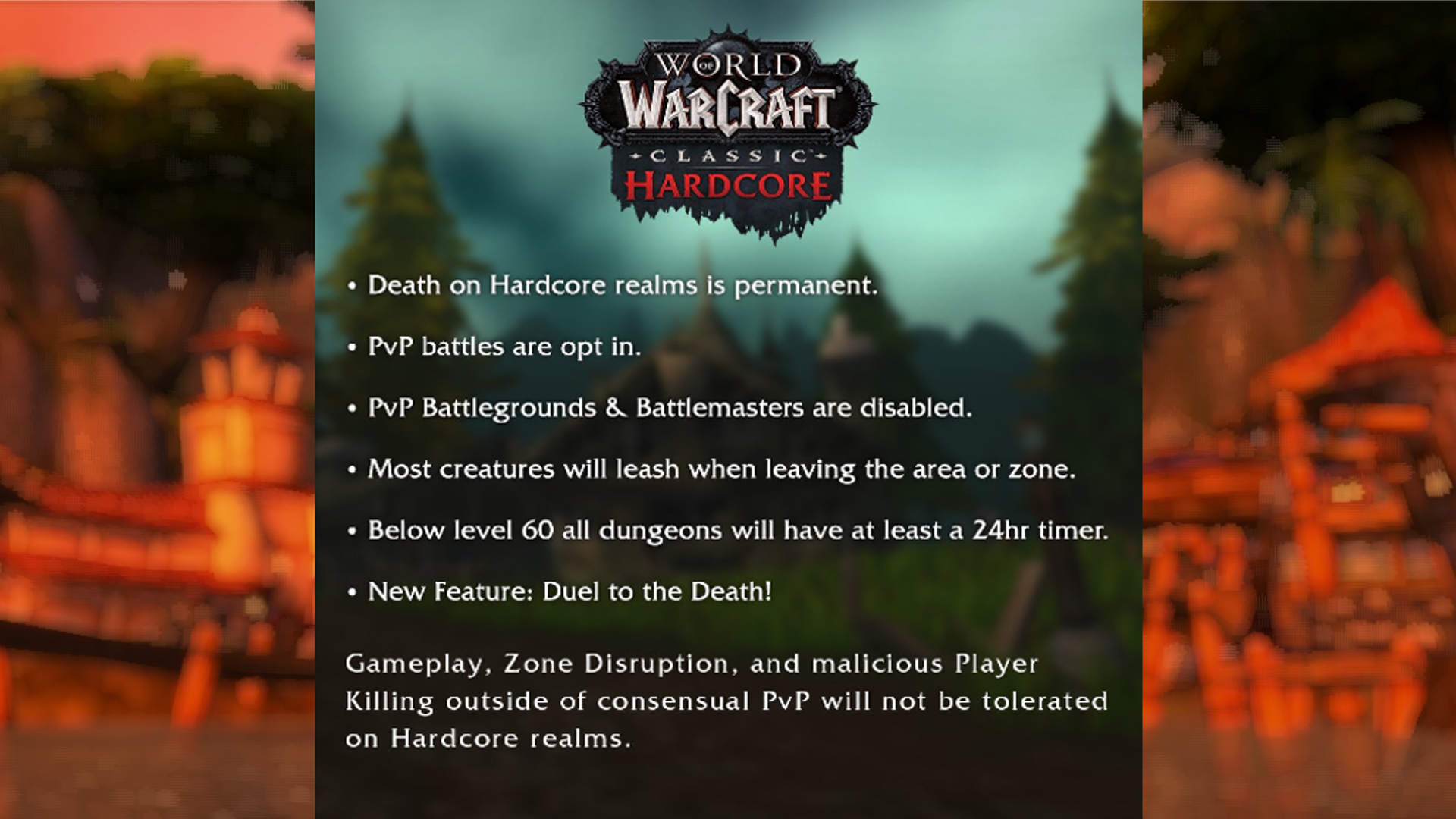 Official image from World of Warcraft on its upcoming hardcore mode detailing the features