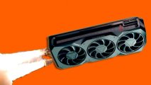 AMD driver update performance boost: an AMD Radeon RX 7900 GPU soars across the screen like a rocket with fire and smoke beneath it against an orange background.