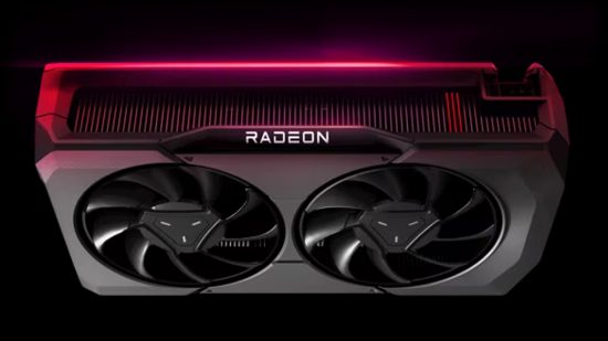 An image of the Radeon RX 7600 GPU from AMD, on a black background.