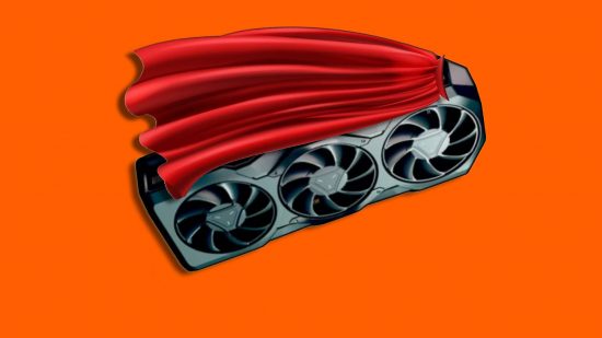 AMD Radeon RX 7700 price benchmark leak: a Radeon GPU appears with a red cape against an orange background.