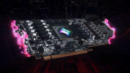 AMD Radeon RX 7700 XT release date speculation: AMD hardware circuitry appears with a purple tint.