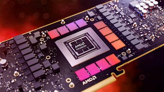 Especulación sobre la fecha de lanzamiento de AMD Radeon RX 7700 XT: una sección transversal de una pieza de hardware AMD Radeon aparece sobre un fondo rojo tormentoso.