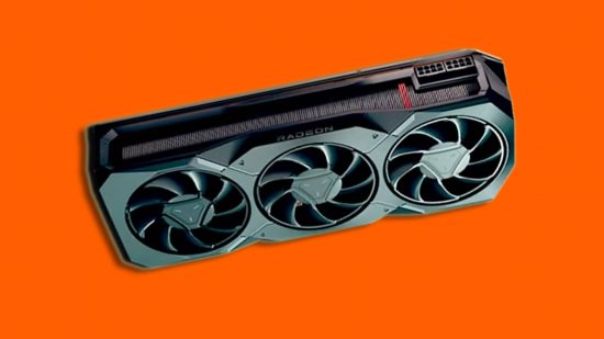 AMD Radeon RX 7800 release date speculation: an AMD Radeon GPU appears in front of an orange background.