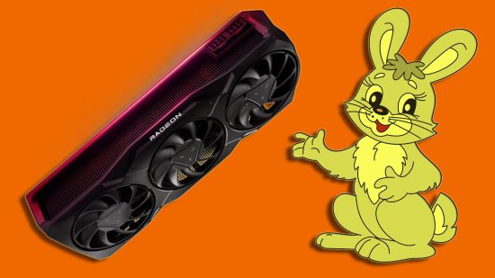 AMD Radeon RX 7900 GRE reveal: the new RX 7900 GRE appears next to a golden rabbit on an orange background.