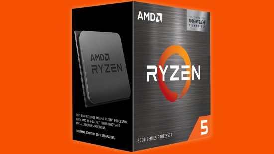 An Image of the box for the AMD Ryzen 5 5600X3D CPU on an orange background.