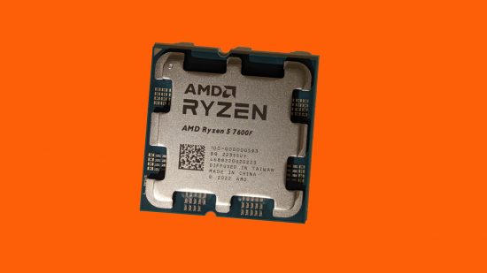 AMD copies Intel no integrated graphics: mock up of an AMD Ryzen 5 7500F processor appears in front of an orange background.