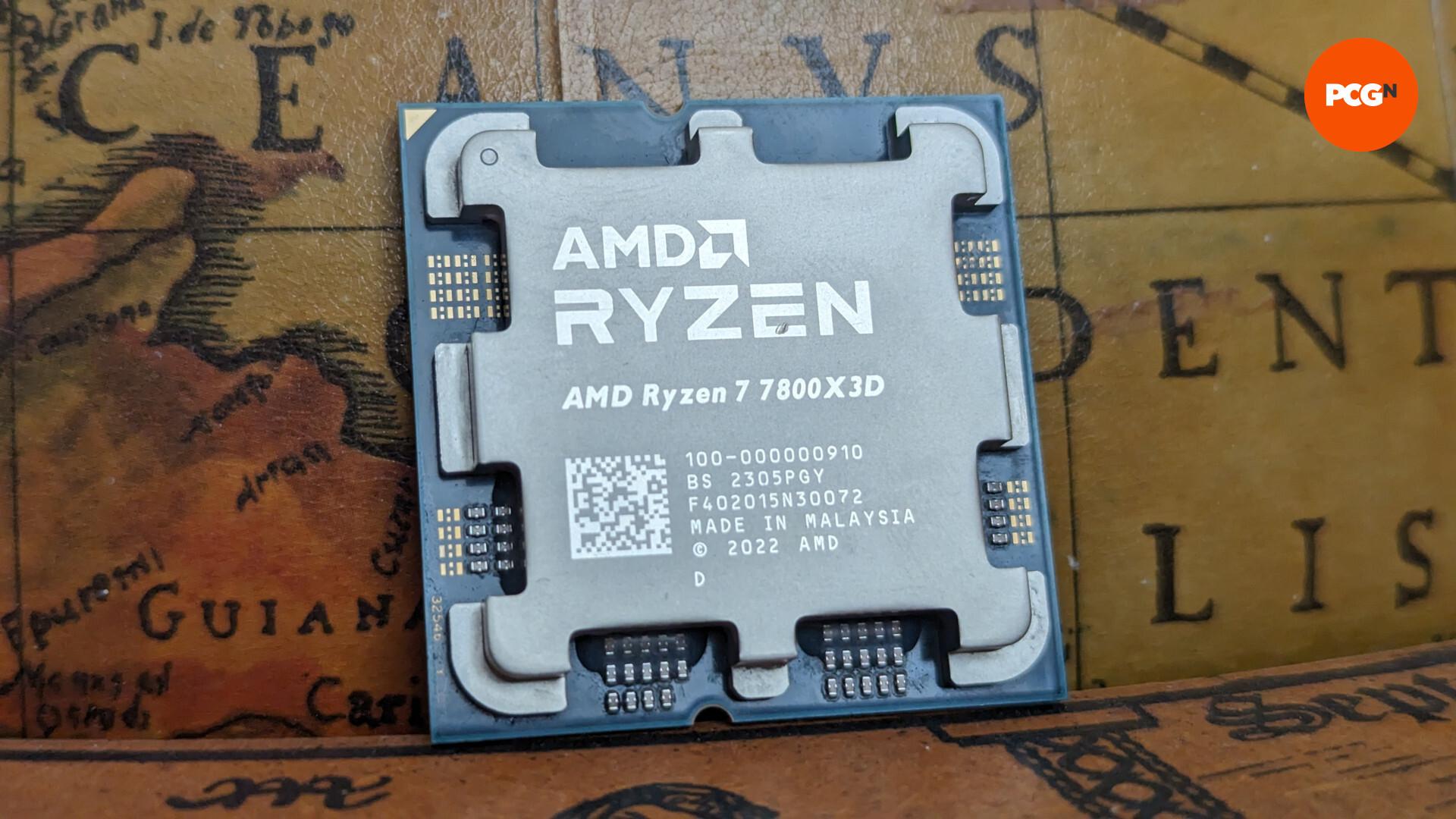 AMD Ryzen 7 7800x3d Bewertung: Die CPU ruht gegen einen Holzkugel