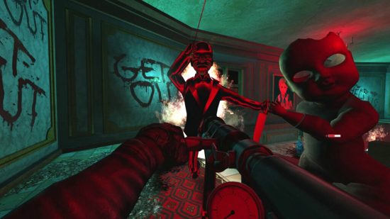 DBD dev acquires AntiMatter: A shot from the first Killing Floor game, as the player aims a gun at a creepy, doll-like threat.