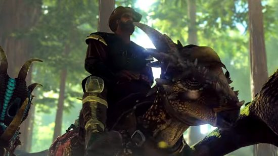 Ark Survival Ascended - a man rides a dinosaur through the forest.