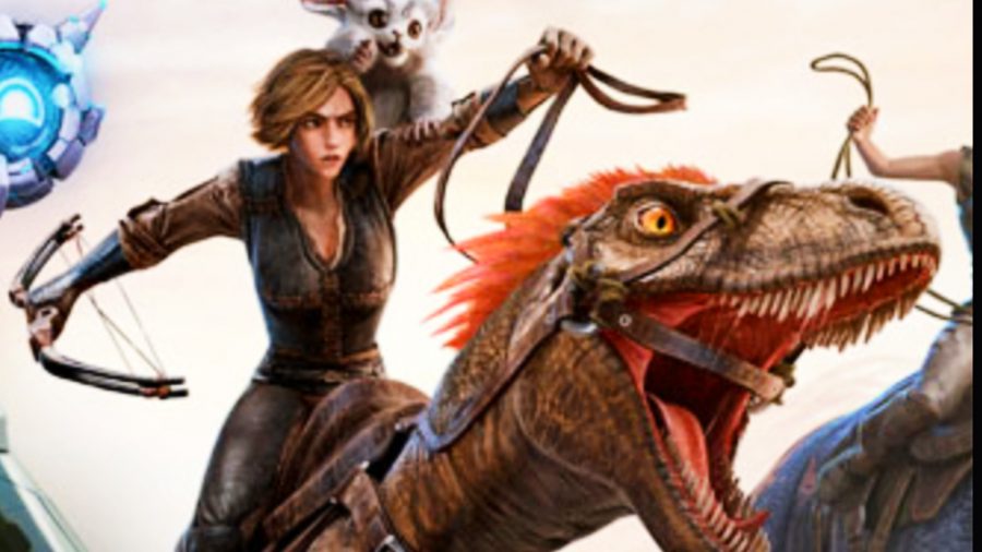 Ark Survival Ascended - a woman rides a dinosaur, a small fluffy creature sitting on her shoulder.