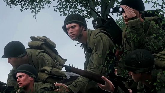 Arma 3 DLC Spearhead 1944: un grupo de soldados de la Segunda Guerra Mundial juntos debajo de un árbol.