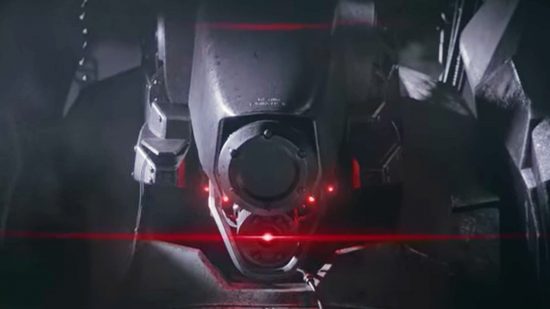 We might be playing Armored Core 6 as a corpse: A gray robot looks into the camera through a singular circle eye with red lights glowing