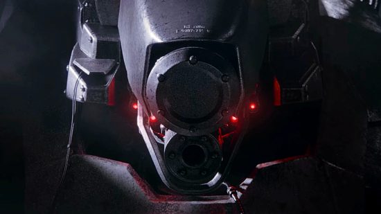 Armored Core 6 - red lights fire up on the 'face' of a large mech.