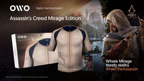 Assassin's Creed Mirage – The OWO Haptic Gaming System, an AC Mirage-themed vest that can be worn to feel in-game sensations via stimulating electrodes.