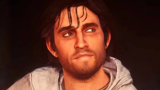 Assassin's Creed Mirage - a young Basim, a rugged, handsome man with stubble and hair falling across his face