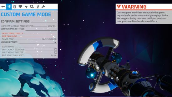 Astroneer Custom Games Update – Screenshot showing the menus for creating a new fully custom game in the sandbox adventure.