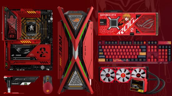 An image of the full range of Neon Genesis Evangelion-themed hardware from ASUS ROG Ally, inspired by character Asuka.