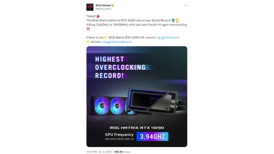 Asus ROG Matrix RTX 4090 overclock world record: a Tweet from Asus shows their pride at attaining a new overclock world record.