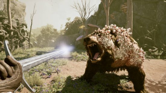 A bear covered in parasitic mushrooms is attacking the player, who is just waiting on the Avowed release date. A sword is drawn to fight off the bear.